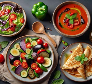 Un plato de ensalada, otro plato de gazpacho, otro plato de berenjenas y otro plato de crepes